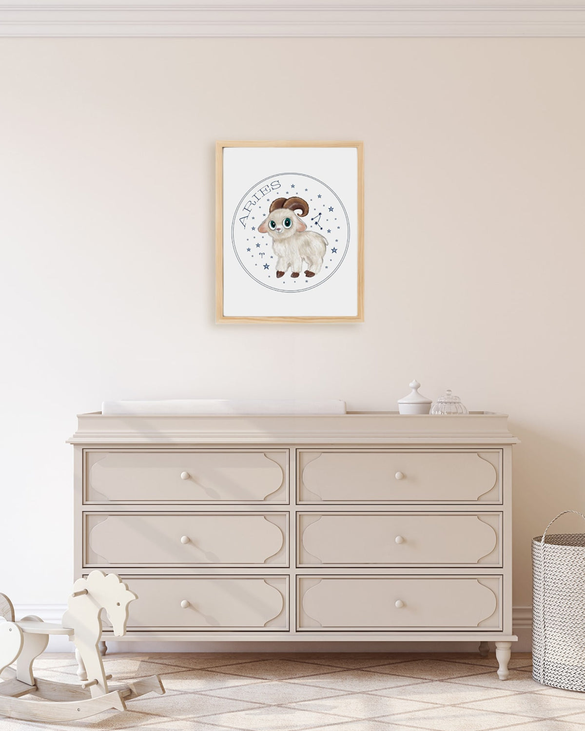 Framed example hand drawn stars zodiac nursery wall art poster Aries cute baby animal farm sheep 