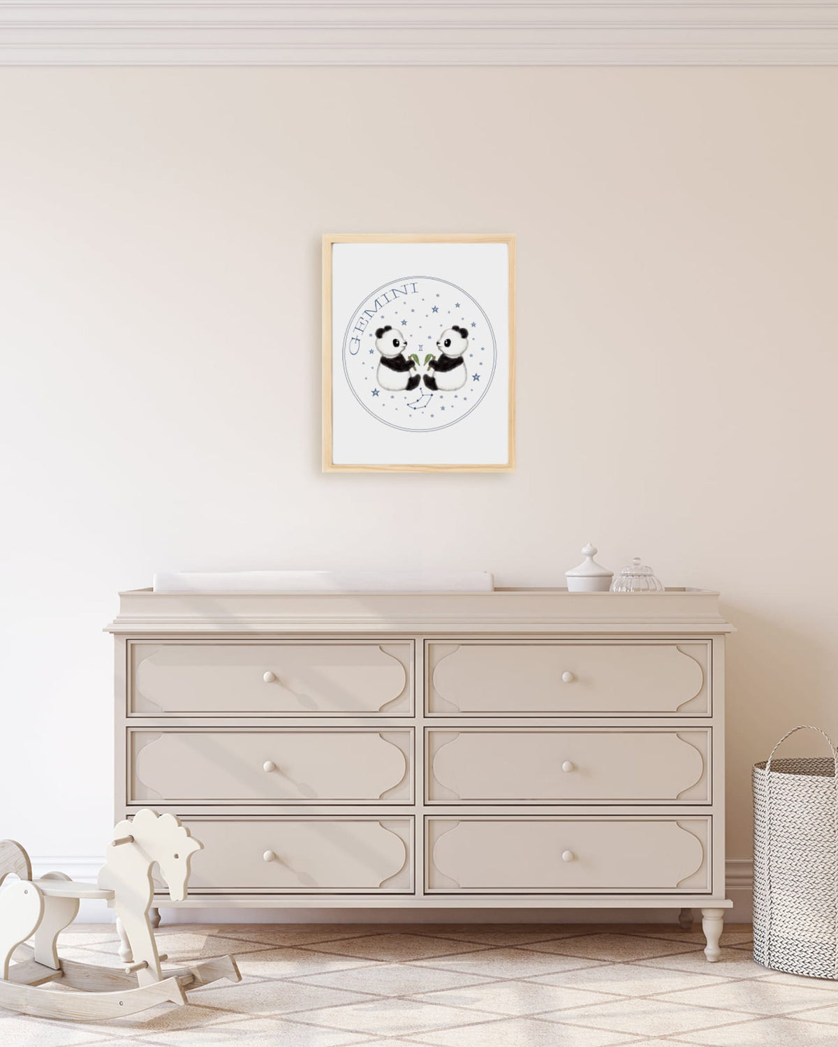 Framed example hand drawn stars zodiac nursery wall art poster Gemini cute baby pandas with bamboo