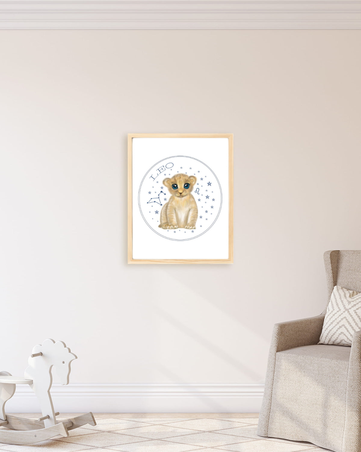 Framed example hand drawn stars zodiac nursery wall art poster Leo cute baby animal lion cub