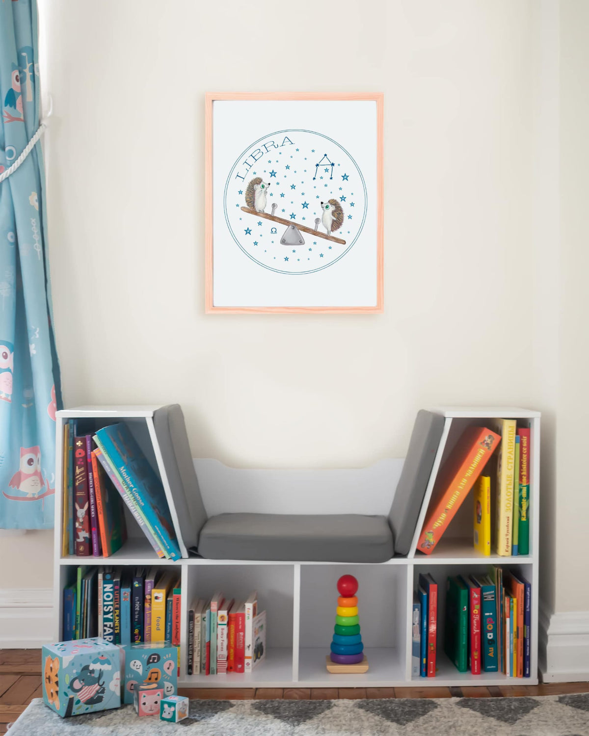 Framed example hand drawn stars zodiac nursery wall art poster Libra cute baby hedgehogs on seesaw