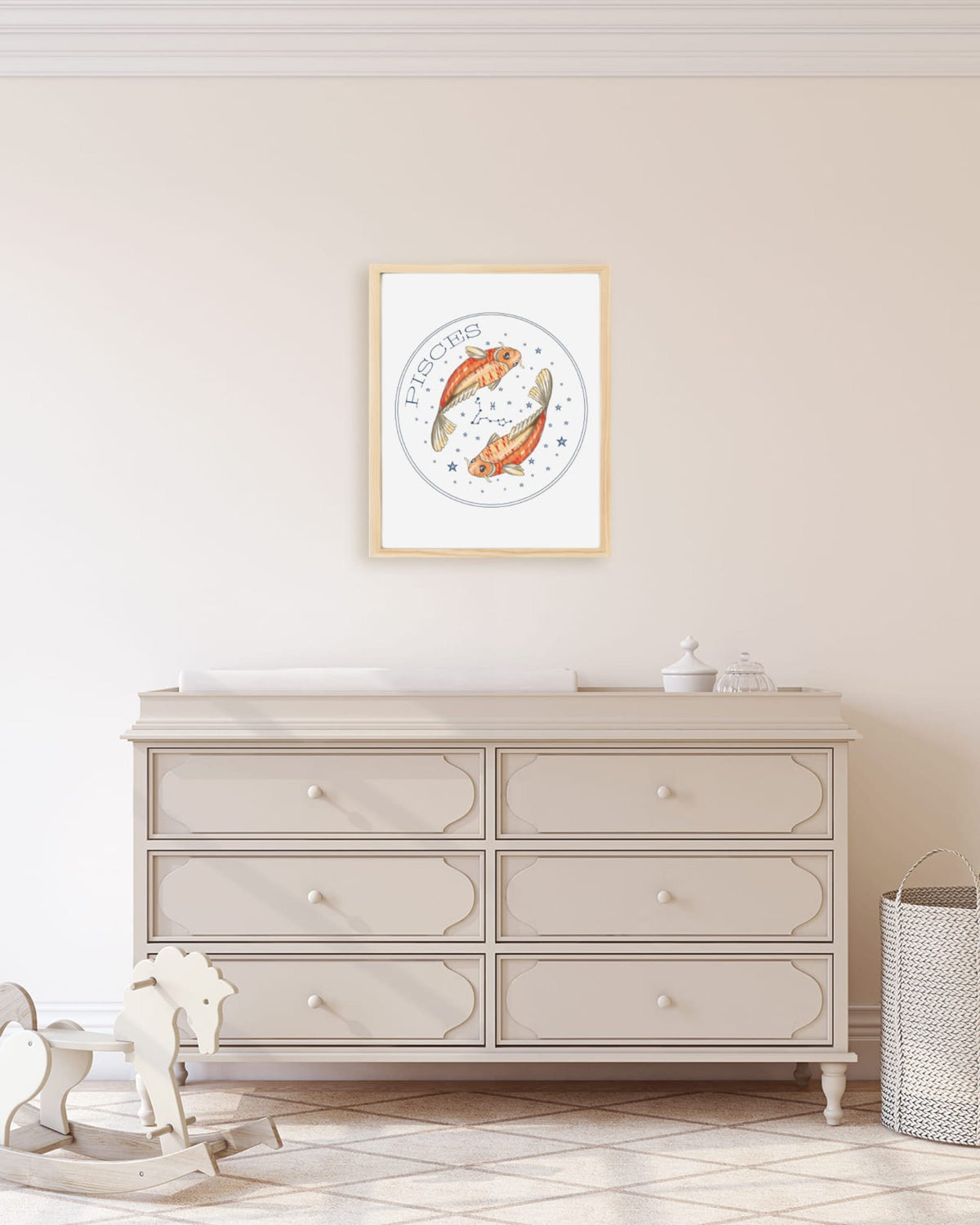 Framed example hand drawn stars zodiac nursery decor wall art poster Pisces cute baby gold fish