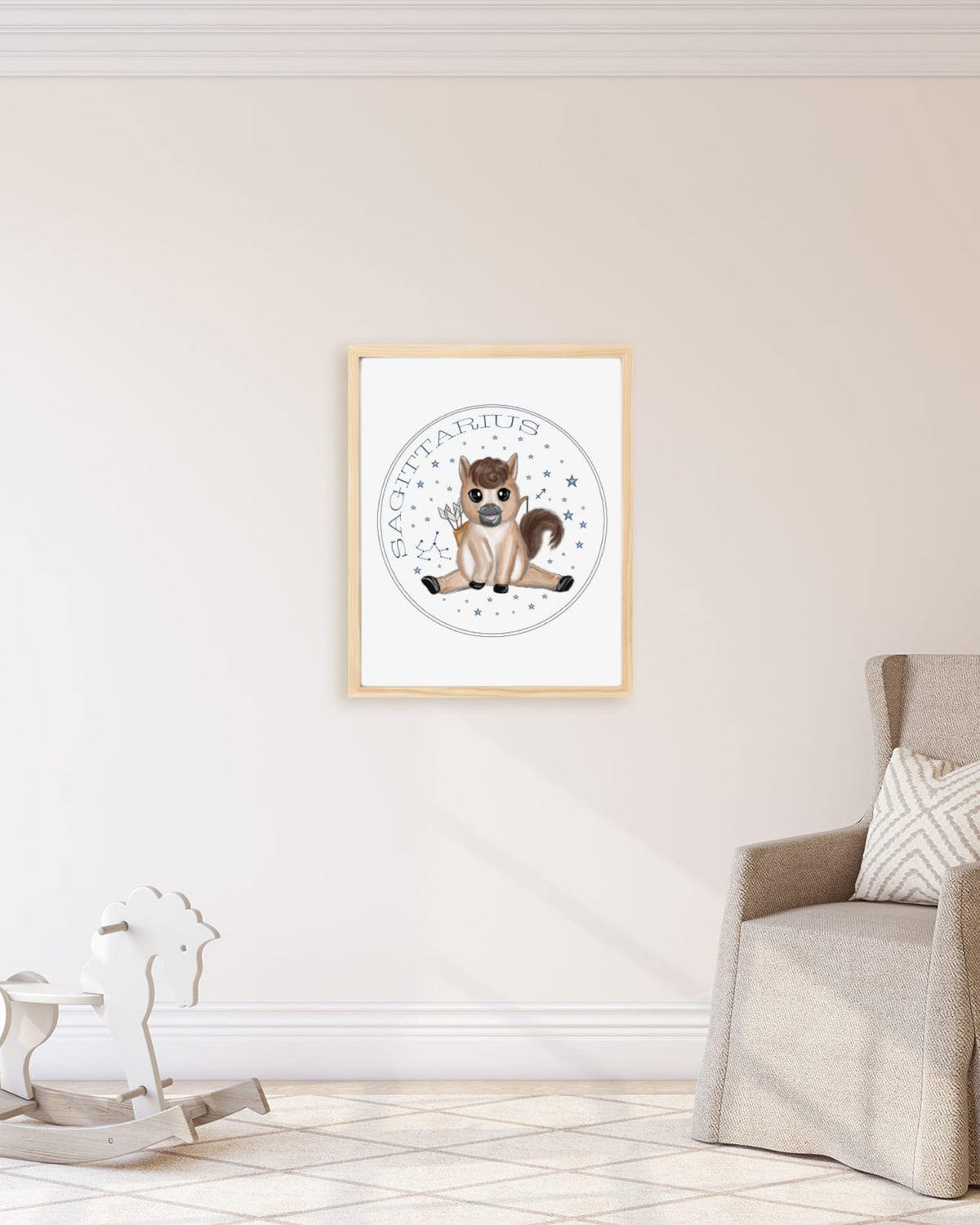 Framed example hand drawn stars zodiac nursery wall art poster Sagittarius cute farm animal baby horse