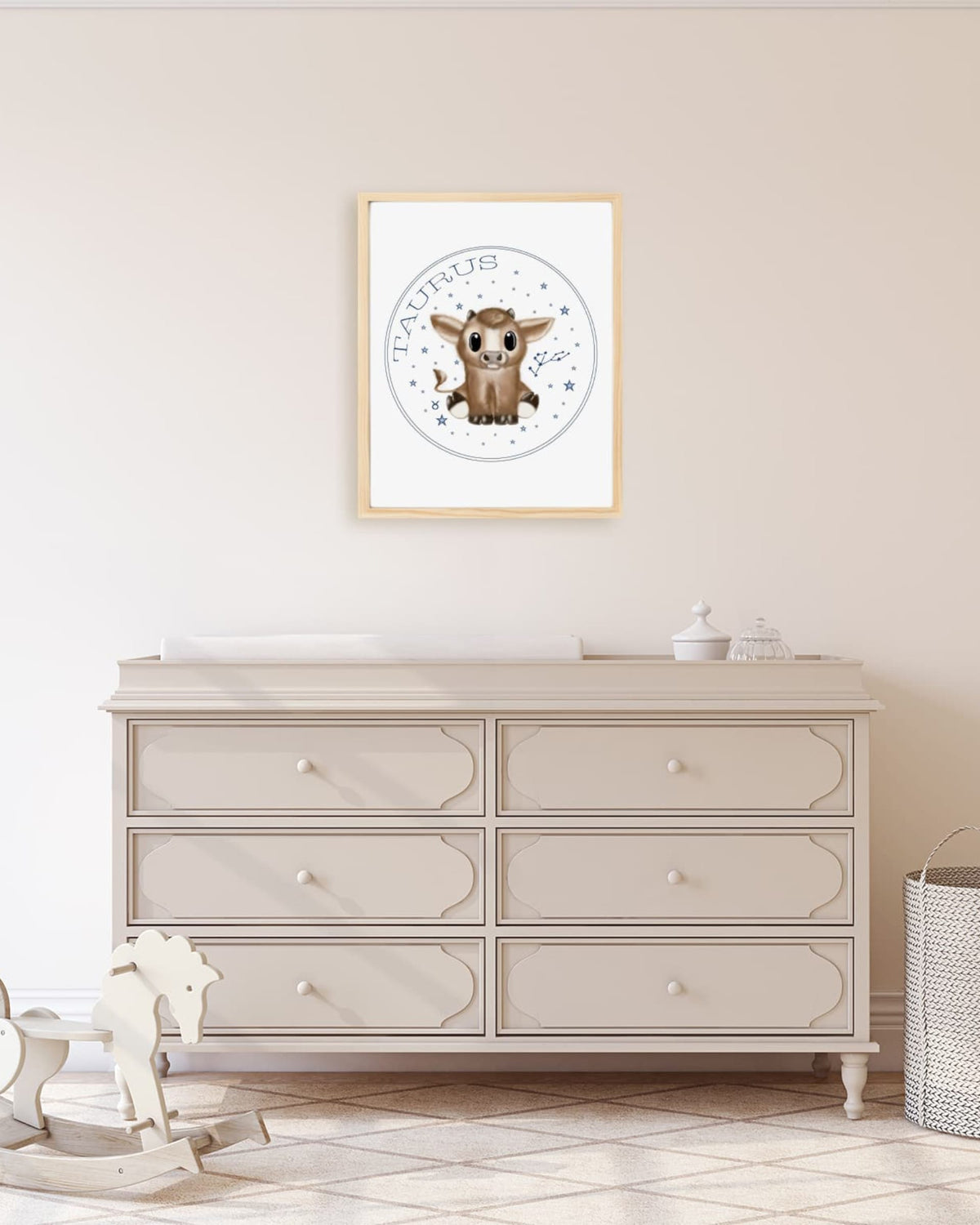 Framed example hand drawn stars zodiac nursery wall art poster Taurus cute baby bull farm animal